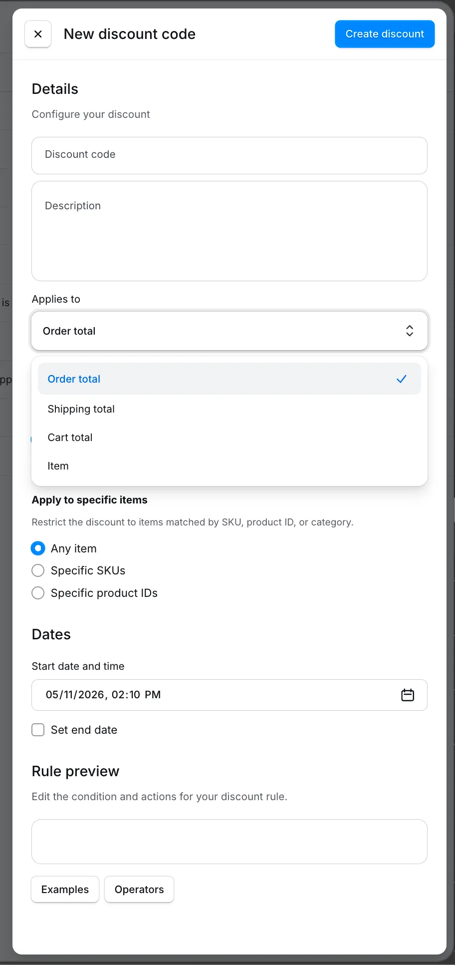 Applies-to dropdown showing Order total, Shipping total, Cart total, and Item options.